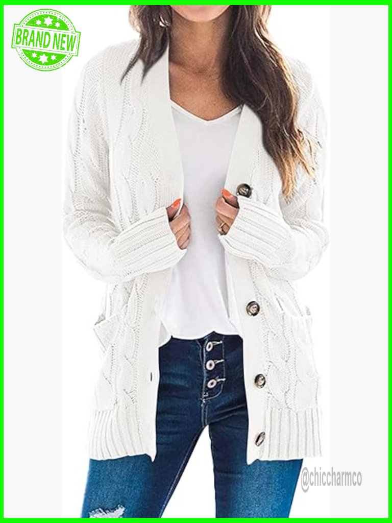 Chunky Cable Knit Cardigan Sweater Open Front Button Down Winter Outerwear